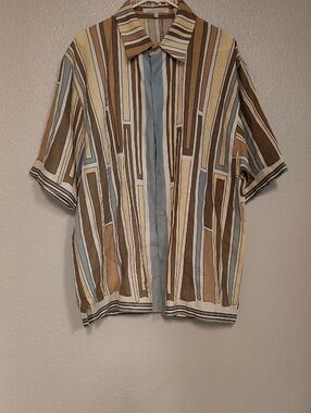 NEW Lorenier Linen Sz XL Short-Sleeve Striped Button Up  Shirt Brown & White WMN
